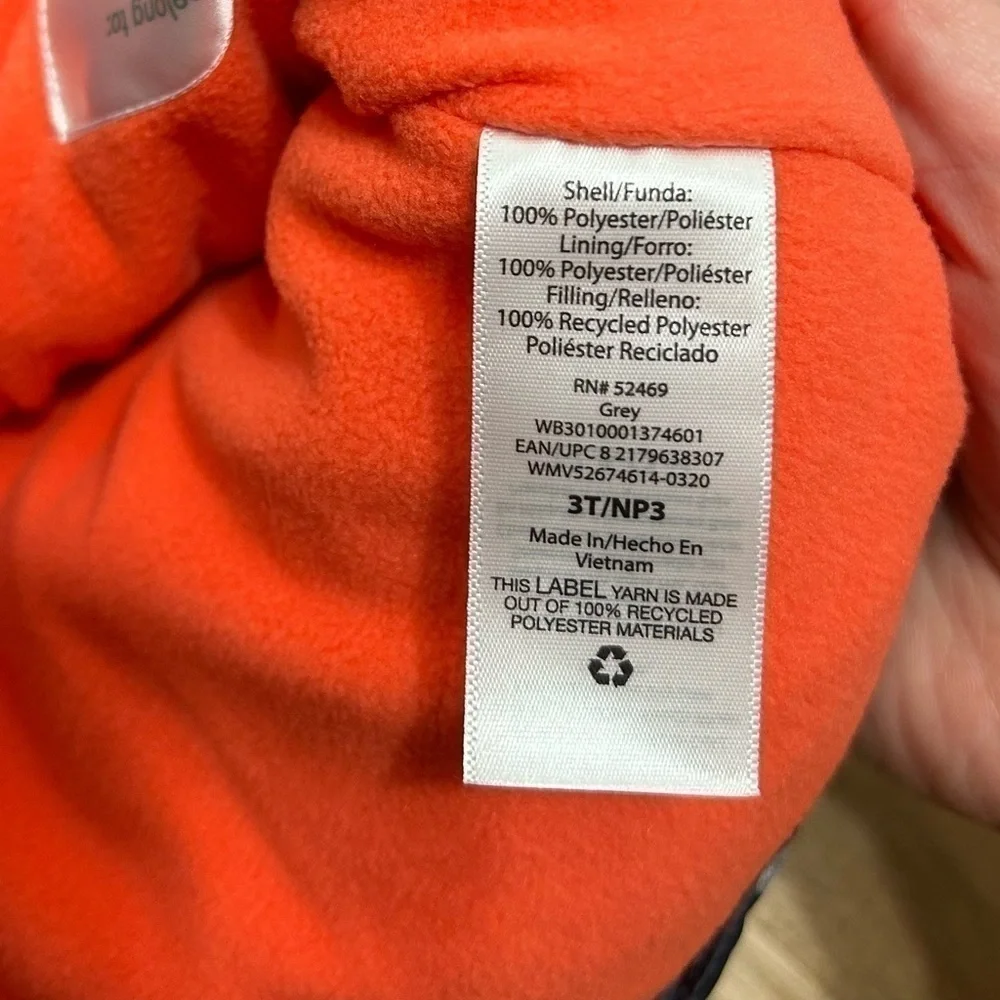Wonder Nation Dinosaur Puffer Jacket NWT 3T Gray Orange Fleece Lined Kids
